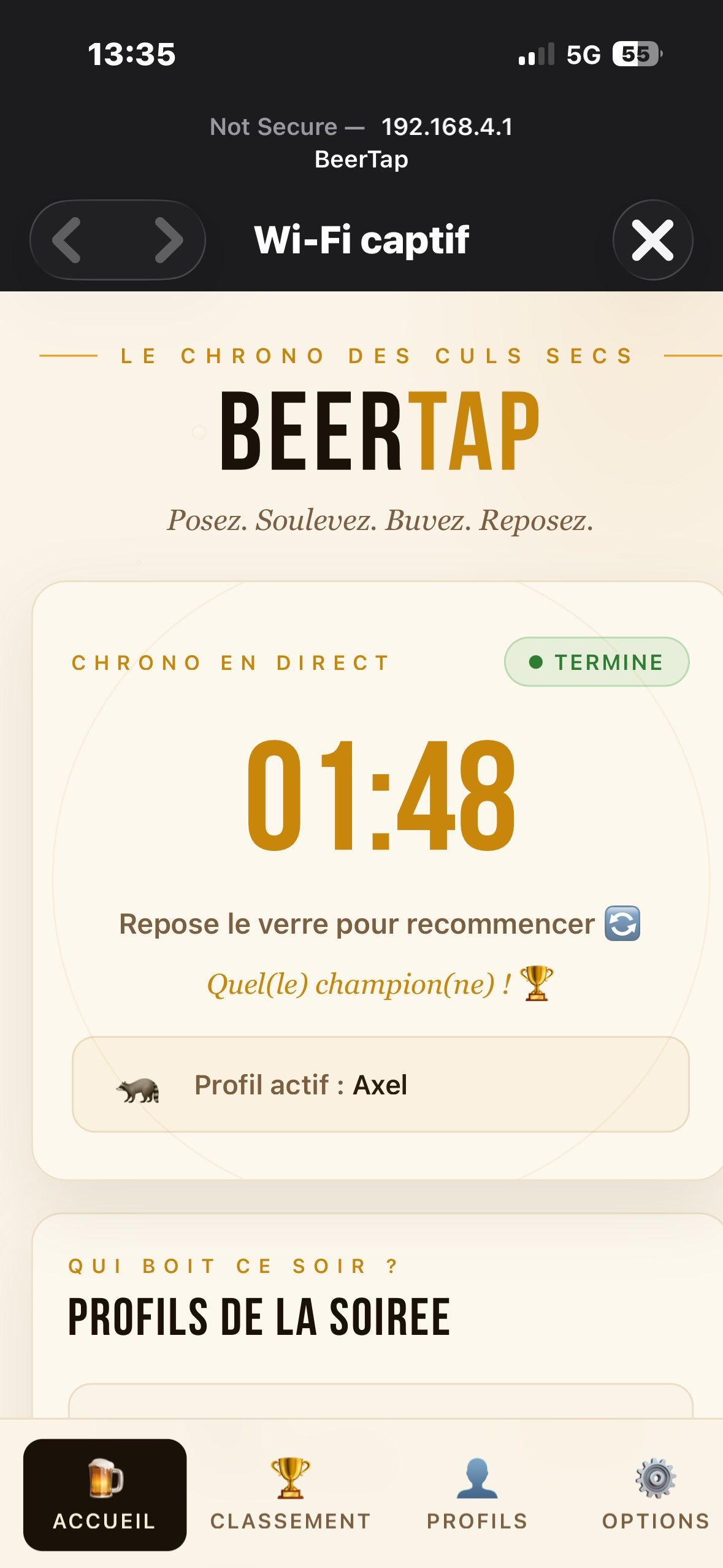 Écran d'accueil — chrono en direct